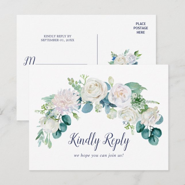Classic White Flowers Menu Choice RSVP Postcard (Front/Back)