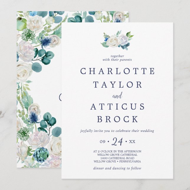 Classic White Flowers Monogram Wedding Invitation (Front/Back)