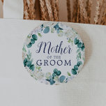 Classic White Flowers Mother of the Groom 6 Cm Round Badge<br><div class="desc">This classic white flowers mother of the groom button is perfect for a spring wedding shower. The elegant floral design features soft ivory and white roses,  peonies,  and chrysanthemum with touches of periwinkle blue watercolor flowers and green foliage.</div>