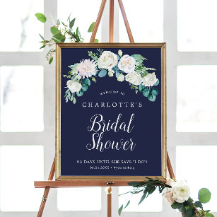 Classic White Flowers   Navy Bridal Shower Welcome Poster