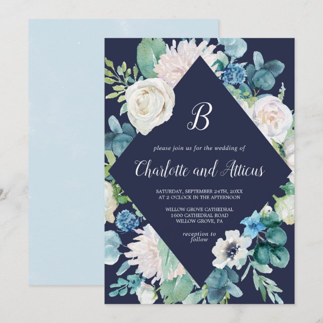 Classic White Flowers Navy Diamond Wedding Invitation (Front/Back)