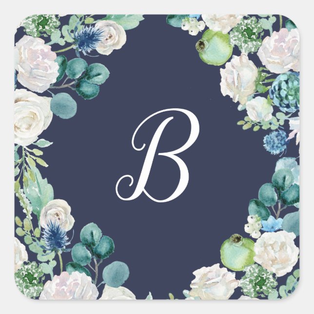 Classic White Flowers Navy Monogram Envelope Seals (Front)