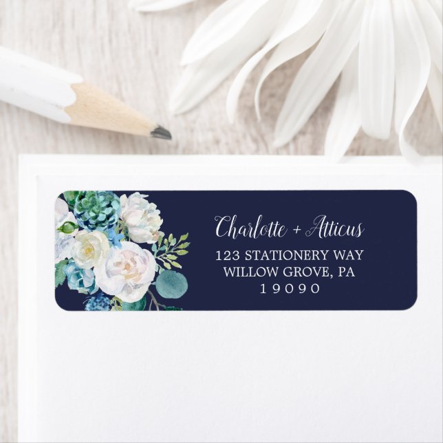 Classic White Flowers | Navy Return Address Label (Insitu)