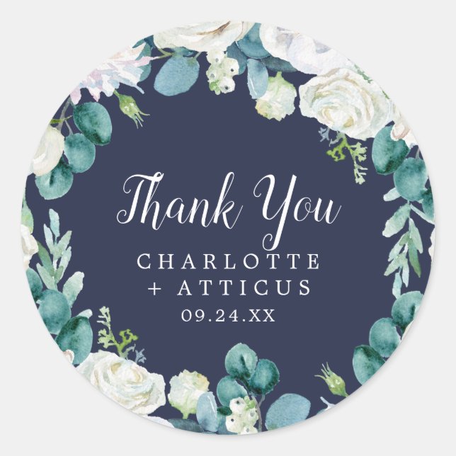 Classic White Flowers Navy Thank You Favour Sticke Classic Round Sticker (Front)