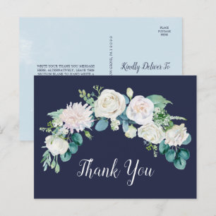 Classic White Flowers   Navy Thank You Postcard