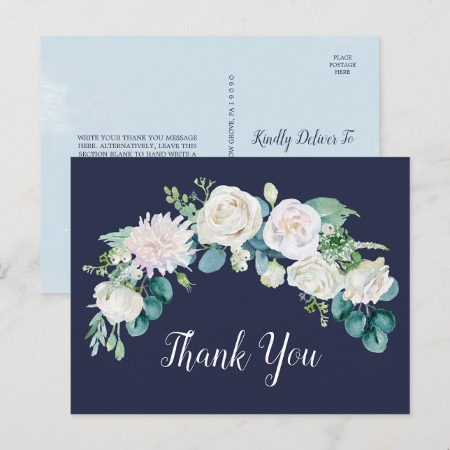Classic White Flowers | Navy Thank You Postcard (Front/Back)