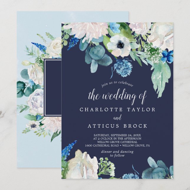 Classic White Flowers | Navy The Wedding Of Invitation (Front/Back)