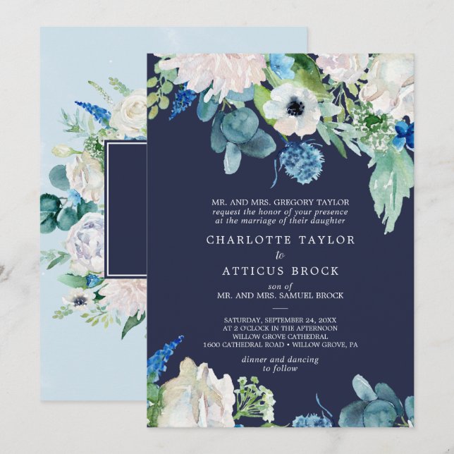 Classic White Flowers | Navy Traditional Wedding Invitation (Front/Back)