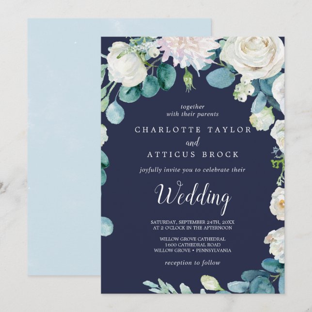 Classic White Flowers | Navy Wedding Invitation (Front/Back)