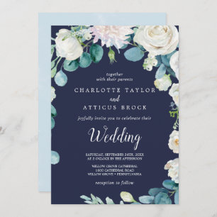 Classic White Flowers   Navy Wedding Invitation