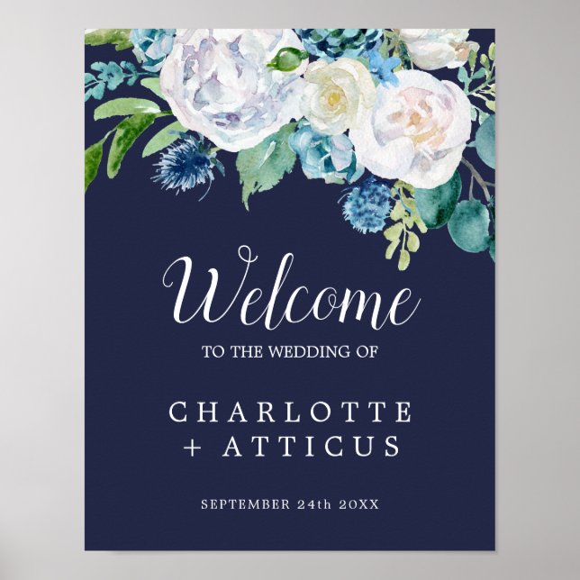Classic White Flowers | Navy Welcome Wedding Poster (Front)