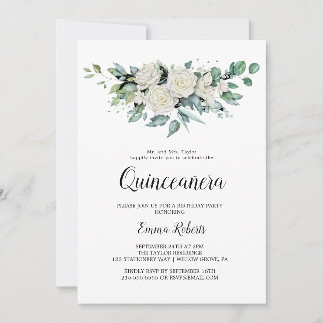 Classic White Flowers Quinceañera Invitation (Front)