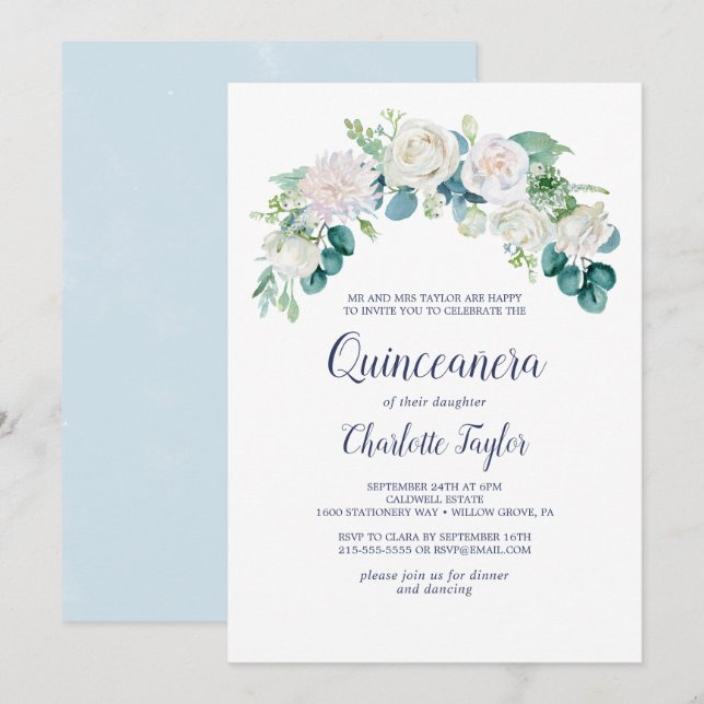 Classic White Flowers Quinceañera Invitation (Front/Back)
