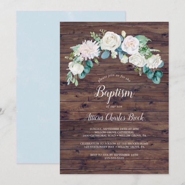 Classic White Flowers | Rustic Baptism Invitation (Front/Back)