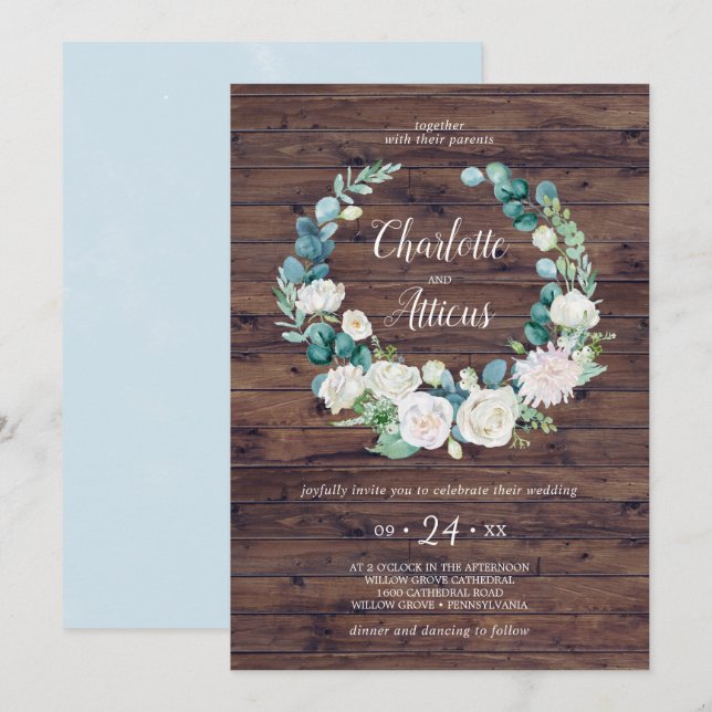 Classic White Flowers Rustic Wreath Casual Wedding Invitation (Front/Back)