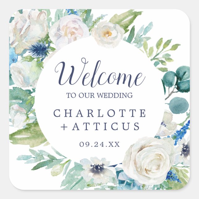 Classic White Flowers Wedding Welcome Square Sticker (Front)