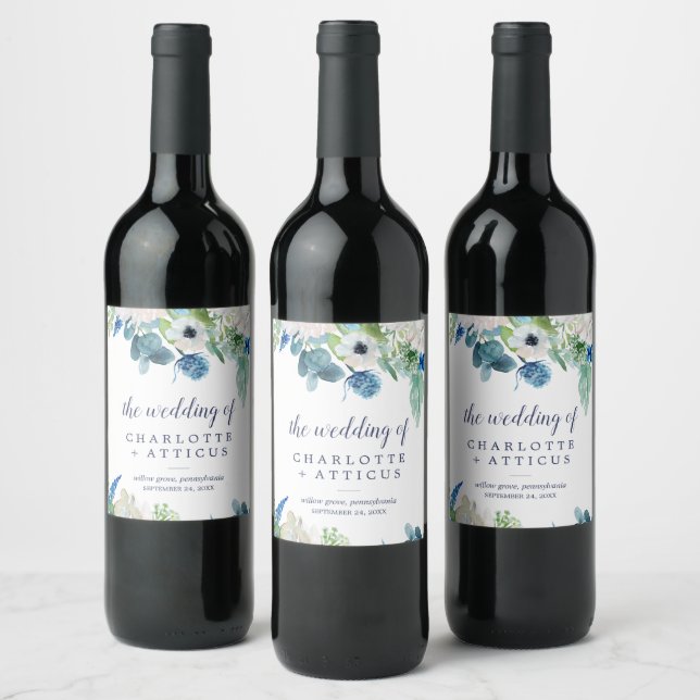 Classic White Flowers Wedding Wine Label (Bottles)