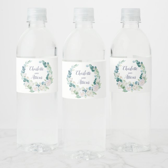 Classic White Flowers Wreath Wedding Water Bottle Label (Bottles)