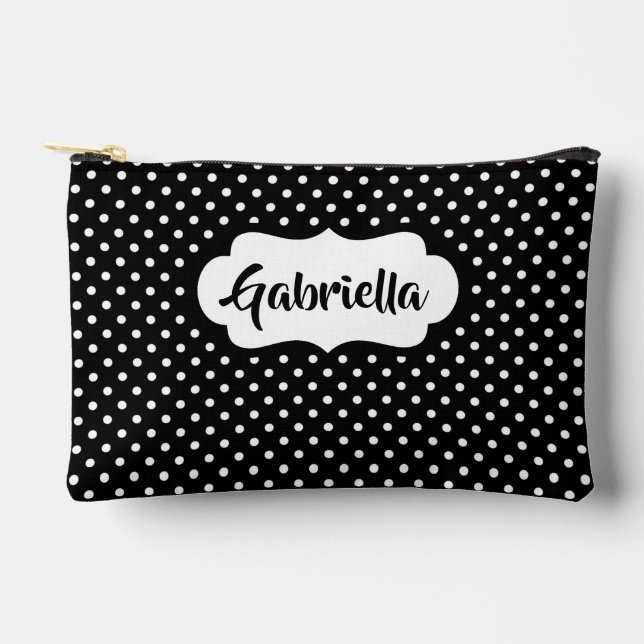 Classic White French Swiss Polka Dots On Black Accessory Pouch (Front)