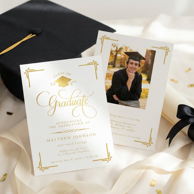 Classic White Gold Graduation Invitation (Creator Uploaded)