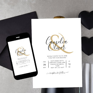 Classic White Gold Script Print or Digital Wedding Invitation
