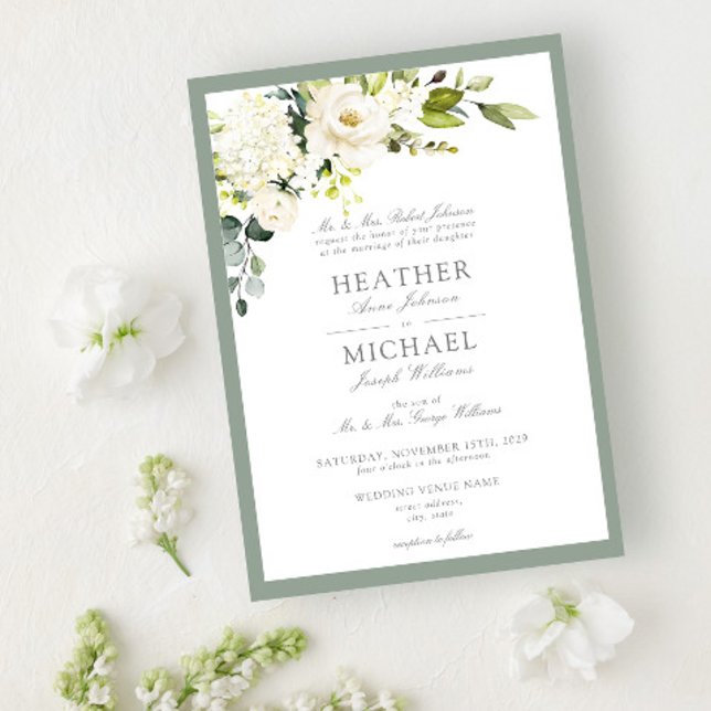 Classic White Grey Green Floral Watercolor Wedding Invitation (Creator Uploaded)