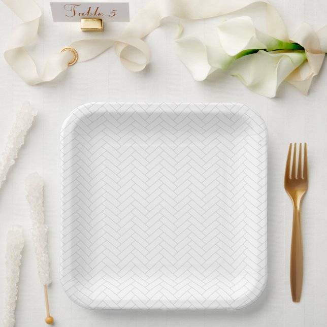 Classic White Grey Herringbone Pattern Paper Plate (Wedding)