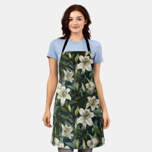Classic White Lily Green Floral Pattern Apron