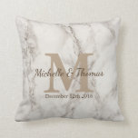 Classic White Marble Taupe Monogram Wedding Date Cushion<br><div class="desc">Beautiful,  classy,  and refined white marble print throw pillow featuring a taupe monogram letter,  the couple's names in script,  and their wedding date on the front. The backside of the pillow has a monogram letter and the family name in script.</div>