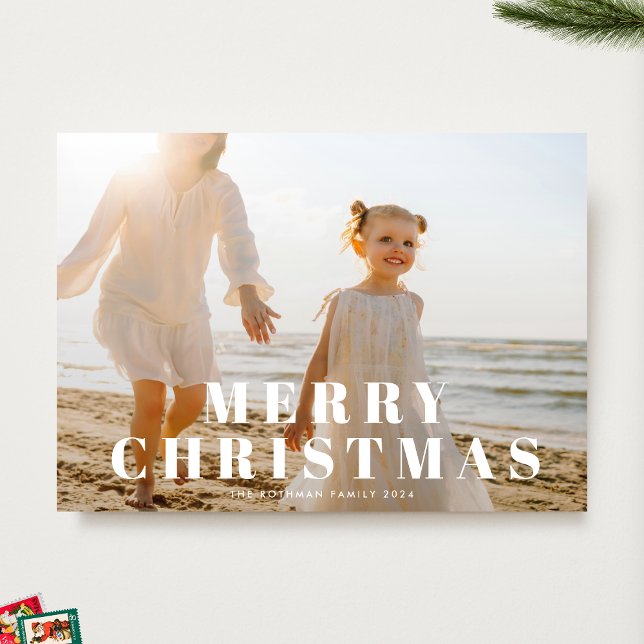 Classic White Merry Christmas Typography Photo Holiday Card (Creator Uploaded)