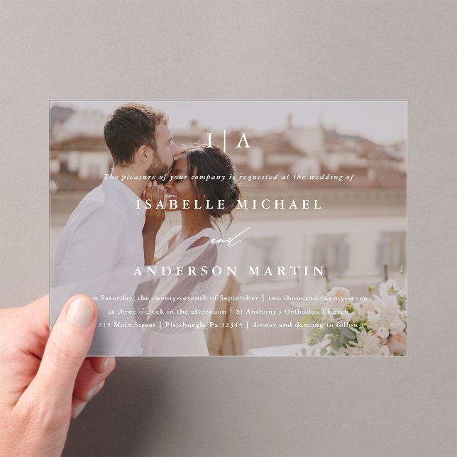 Classic White Monogram Calligraphy Photo Wedding Acrylic Invitations (Insitu (Handheld))