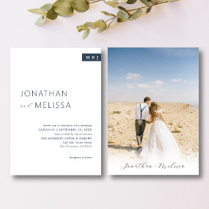 Classic White & Navy Blue Monogram Script Wedding Invitation