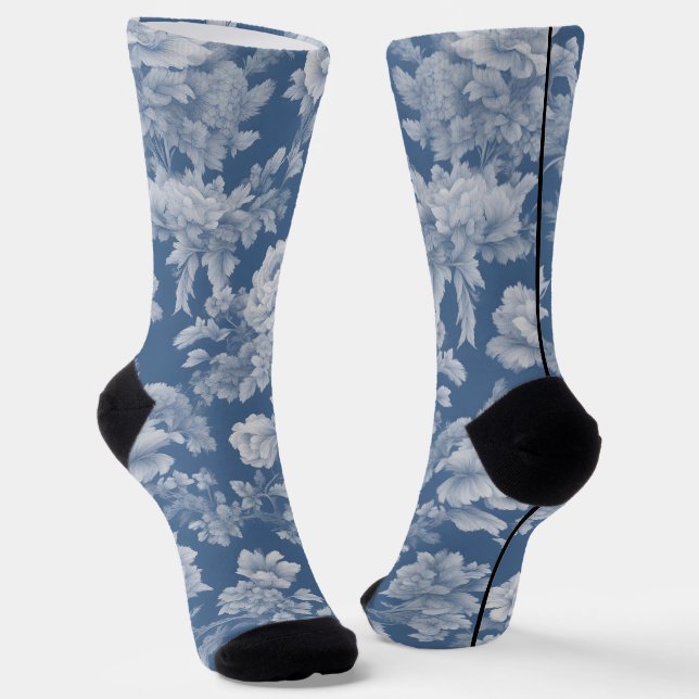 Classic White on Blue Toile Crew Socks (Angled)
