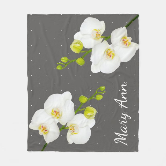 Classic White Orchid Flowers & Grey With Name Fleece Blanket (Front)