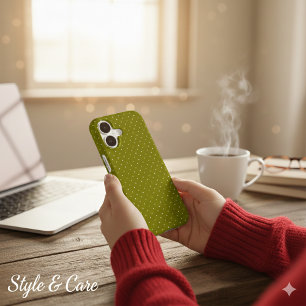 Classic White Polka Dot Olive Protective iPhone 16 Case