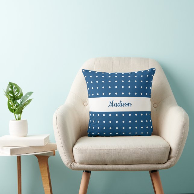 Classic White Polka Dot Pattern on Blue with Name Cushion (Chair)