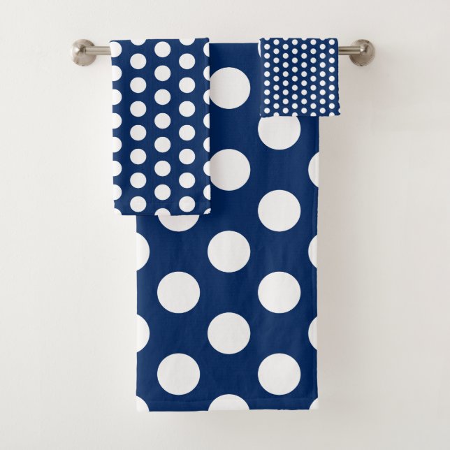 Classic White Polka Dots on Navy Blue Bath Towel Set (Insitu)
