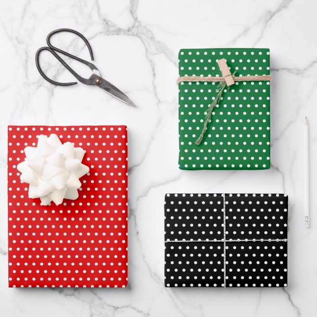 Classic White Polka Dots On Red Green Black Wrapping Paper Sheet (Front)