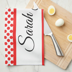 Classic white Red Polka dots   Personalised name Tea Towel