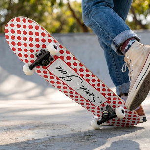 Classic white Red Polka dots   Personalized name Skateboard