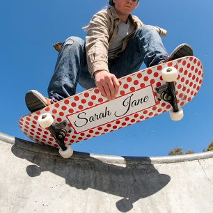 Classic white Red Polka dots Personalized name Skateboard