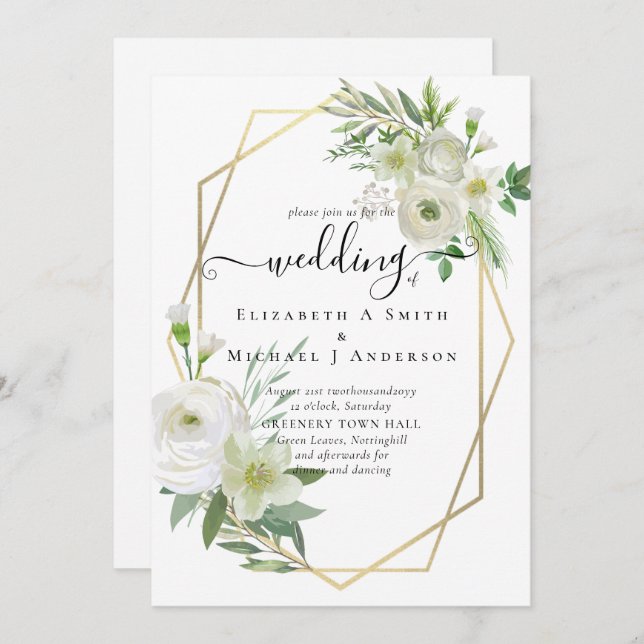 Classic White Rose Greenery Gold Wedding (Front/Back)