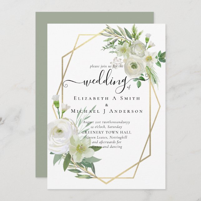 Classic White Rose Greenery Gold Wedding (Front/Back)