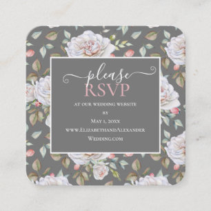 Classic White Rose  Grey Wedding Website RSVP   Square Business Card