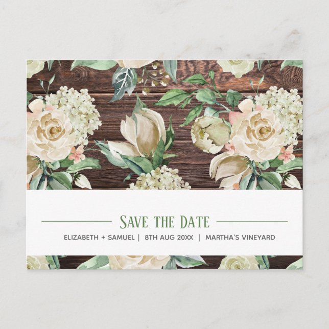 Classic White Rose Hydrangea Wood Watercolor RSVP Announcement Postcard (Front)