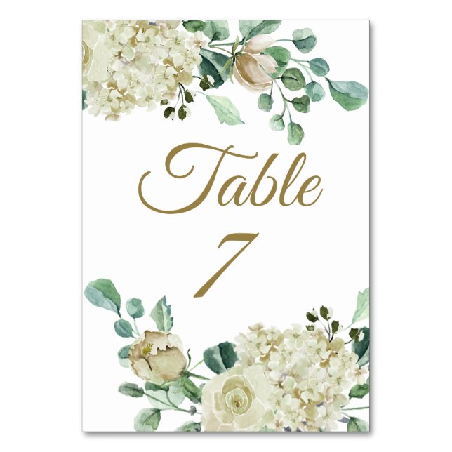 Classic White Rose Watercolor Wedding Reception  Table Number (Front)