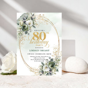 Classic White Roses Eucalyptus 80th Birthday   Invitation