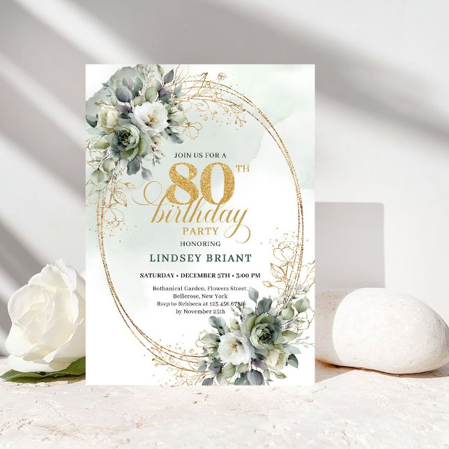 Classic White Roses Eucalyptus 80th Birthday   Invitation (Classic White Roses Eucalyptus 80th Birthday Invite)