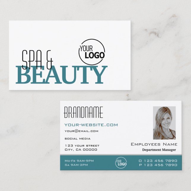 Classic White Teal Stylish Simple Logo and Photo Business Card (Front/Back)