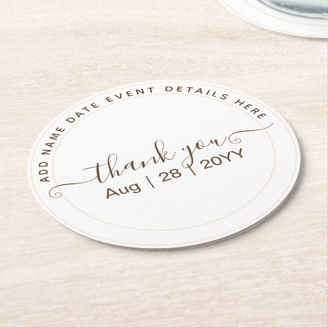 Classic White Text Only Wedding or Other Event Round Paper Coaster (Angled)